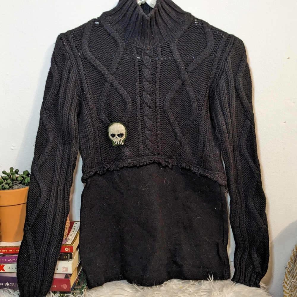 John Richmond Skull Wool Cable Knit Turtleneck Sweater Euro Y2K Grunge Punk VTG